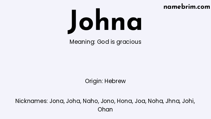 Johna, a name of Hebrew origin, means 'God is gracious.' A common nickname for Johna is Jona.