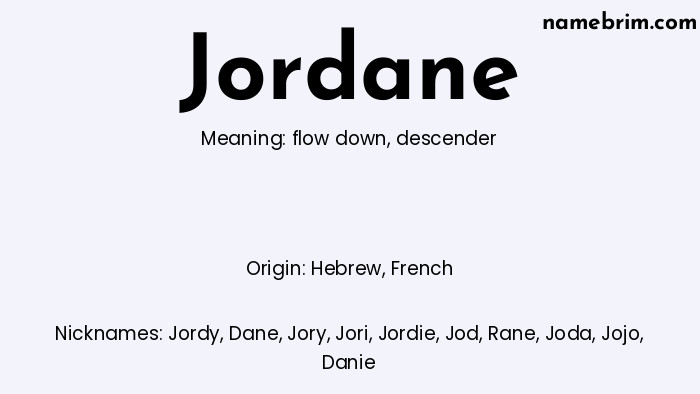 Jordane, a name of Hebrew origin, means 'descender.' A common nickname for Jordane is Jordy.