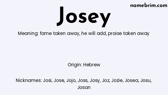 Infographic of Josey name meaning, which is a name of Hebrew origin, Josey means praise taken away, and Josi is a nickname for Josey.