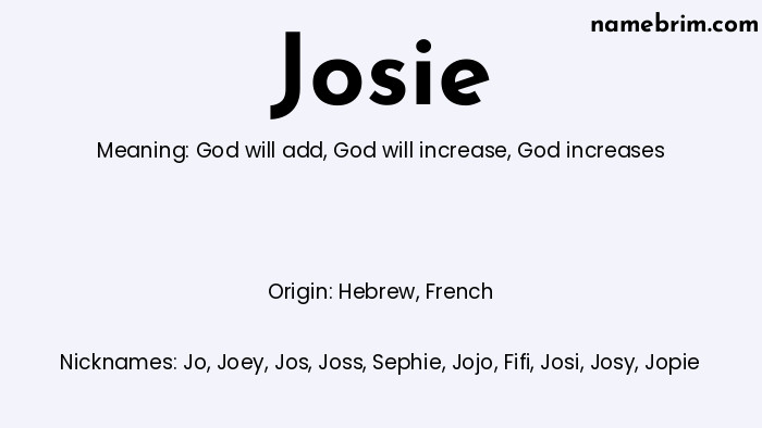 Infographic of Josie name meaning, which is a name of Hebrew origin, Josie means God will add, and Jo is a nickname for Josie.