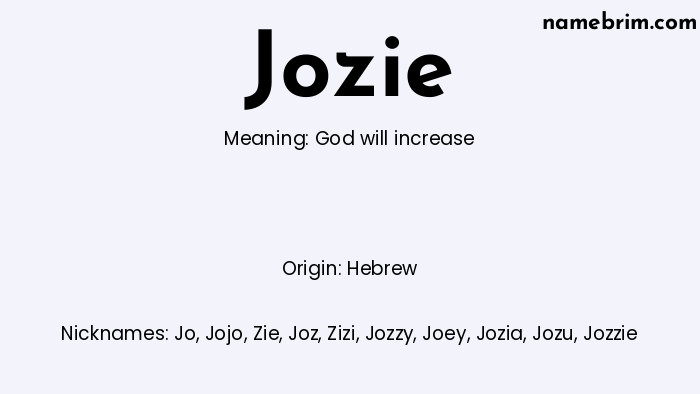 Infographic of Jozie name meaning, which is a name of Hebrew origin, Jozie means God will increase, and Jo is a nickname for Jozie.