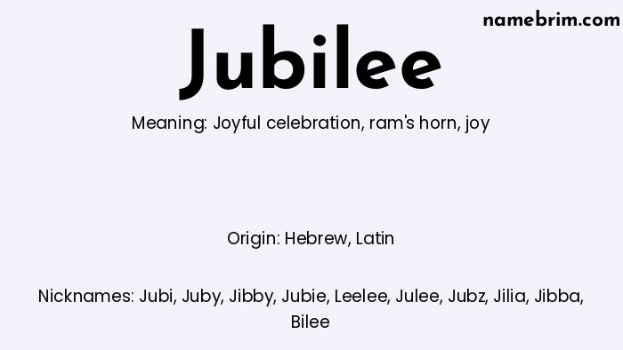 Infographic of Jubilee name meaning, which is a name of Hebrew origin, Jubilee means joyful celebration, and Jubi is a nickname for Jubilee.