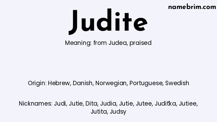 Infographic of Judite name meaning, which is a name of Hebrew origin, Judite means praised, and Judi is a nickname for Judite.