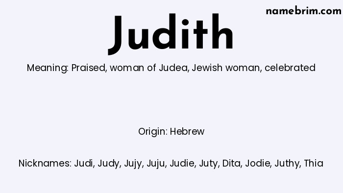 Infographic of Judith name meaning, which is a name of Hebrew origin, Judith means praised, and Judi is a nickname for Judith.