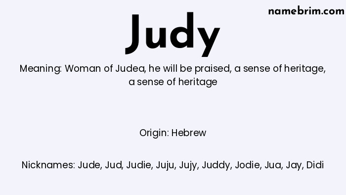 Infographic of Judy name meaning, which is a name of Hebrew origin, Judy means woman of Judea, and Jude is a nickname for Judy.