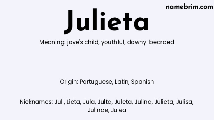 Julieta, a name of Portuguese origin, means 'downy-bearded.' A common nickname for Julieta is Juli.