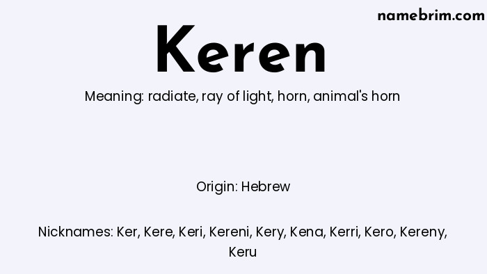 Infographic of Keren name meaning, which is a name of Hebrew origin, Keren means animal's horn, and Ker is a nickname for Keren.