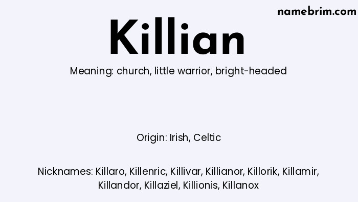 Killian, a name of Irish origin, means 'bright-headed.' A common nickname for Killian is Killaro.