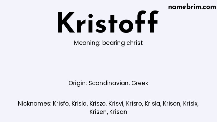 Kristoff, a name of Scandinavian origin, means 'bearing christ.' A common nickname for Kristoff is Krisfo.