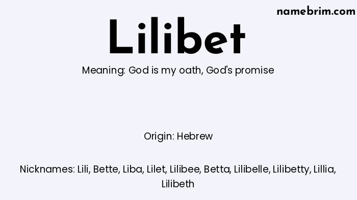 Infographic of Lilibet name meaning, which is a name of Hebrew origin, Lilibet means God's promise, and Lili is a nickname for Lilibet.