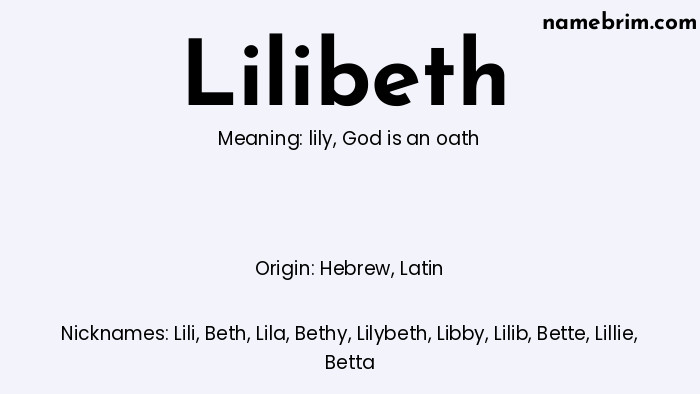 Infographic of Lilibeth name meaning, which is a name of Hebrew origin, Lilibeth means God is an oath, and Lili is a nickname for Lilibeth.