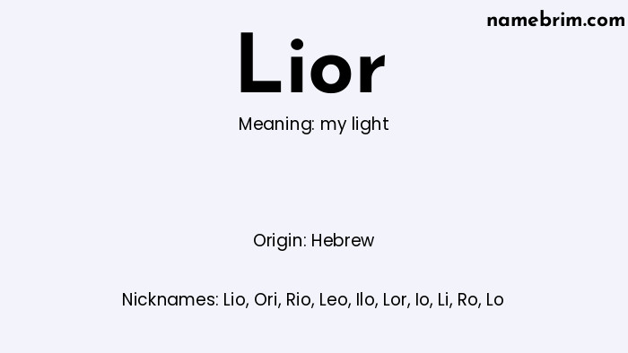 Infographic of Lior name meaning, which is a name of Hebrew origin, Lior means my light, and Lio is a nickname for Lior.