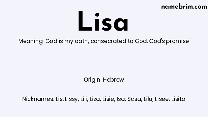 Infographic of Lisa name meaning, which is a name of Hebrew origin, Lisa means God is my oath, and Lis is a nickname for Lisa.