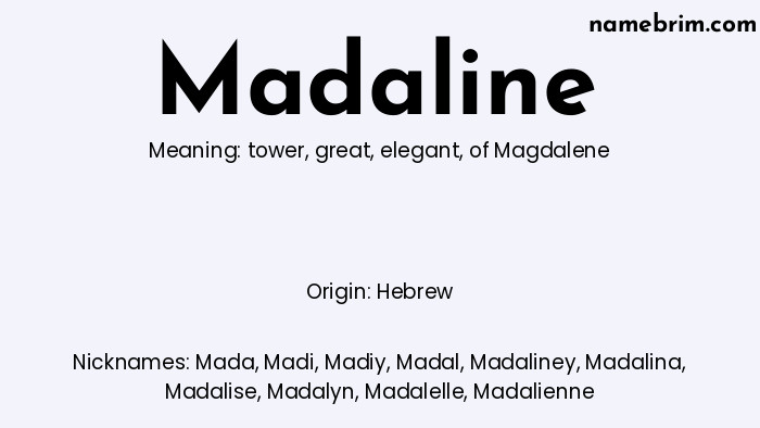 Infographic of Madaline name meaning, which is a name of Hebrew origin, Madaline means of Magdalene, and Mada is a nickname for Madaline.