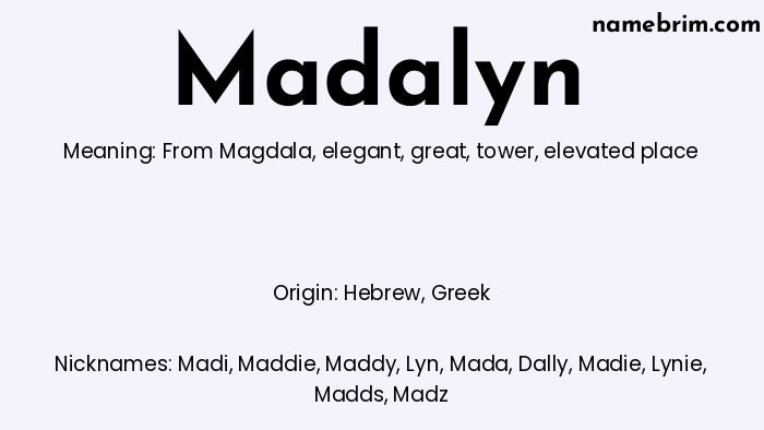 Infographic of Madalyn name meaning, which is a name of Hebrew origin, Madalyn means from Magdala, and Madi is a nickname for Madalyn.