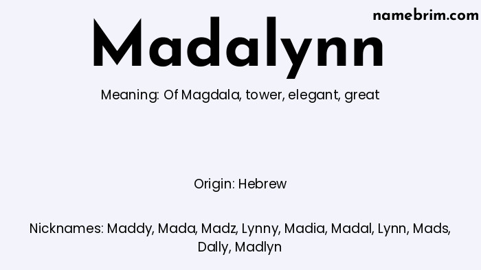 Infographic of Madalynn name meaning, which is a name of Hebrew origin, Madalynn means of Magdala, and Maddy is a nickname for Madalynn.