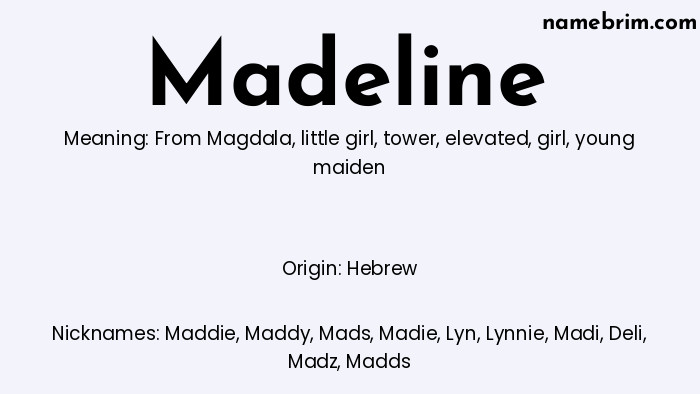 Infographic of Madeline name meaning, which is a name of Hebrew origin, Madeline means from Magdala, and Maddie is a nickname for Madeline.