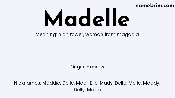 Infographic of Madelle name meaning, which is a name of Hebrew origin, Madelle means woman from magdala, and Maddie is a nickname for Madelle.