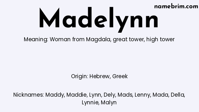 Infographic of Madelynn name meaning, which is a name of Hebrew origin, Madelynn means woman from Magdala, and Maddy is a nickname for Madelynn.