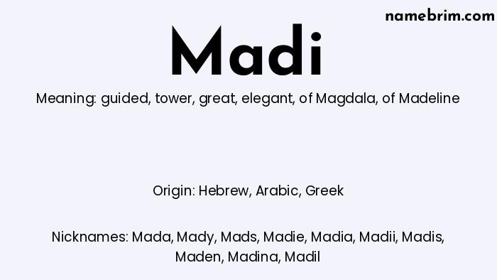 Madi, a name of Hebrew origin, means 'of Madeline.' A common nickname for Madi is Mada.