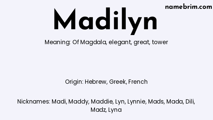 Infographic of Madilyn name meaning, which is a name of Hebrew origin, Madilyn means of Magdala, and Madi is a nickname for Madilyn.