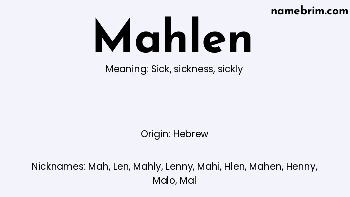 Infographic of Mahlen name meaning, which is a name of Hebrew origin, Mahlen means sick, and Mah is a nickname for Mahlen.