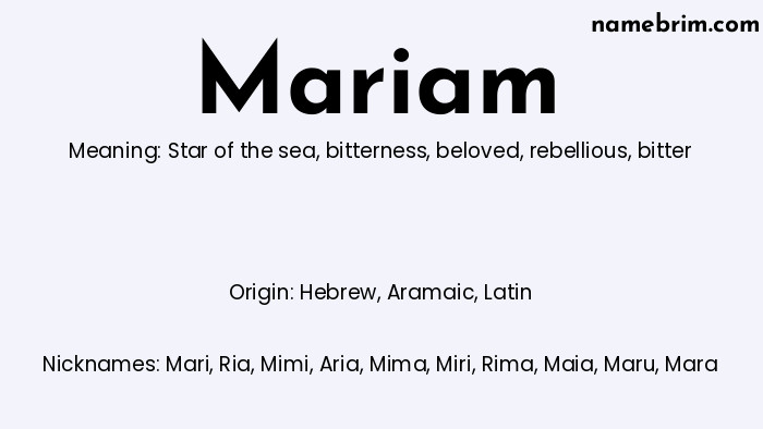 Infographic of Mariam name meaning, which is a name of Hebrew origin, Mariam means star of the sea, and Mari is a nickname for Mariam.