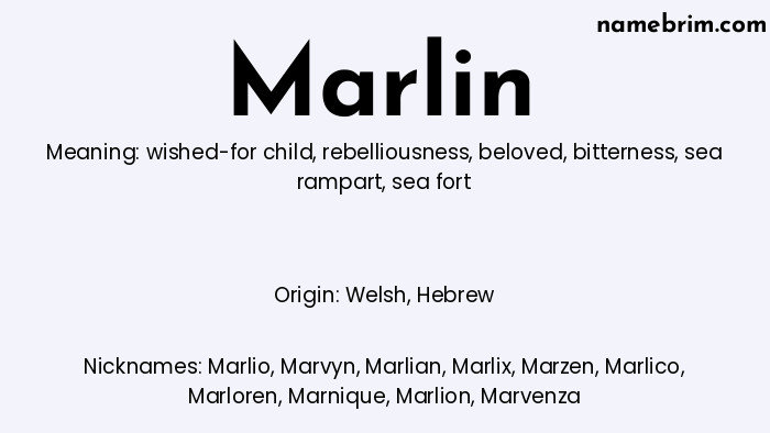 Marlin, a name of Welsh origin, means 'sea fort.' A common nickname for Marlin is Marlio.