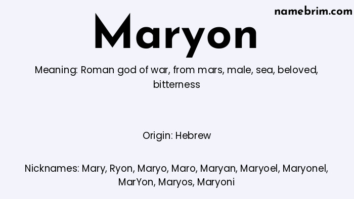 Infographic of Maryon name meaning, which is a name of Hebrew origin, Maryon means bitterness, and Mary is a nickname for Maryon.