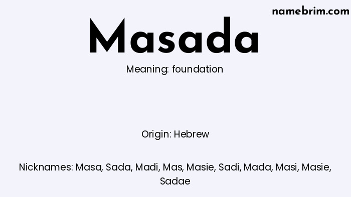 Masada, a name of Hebrew origin, means 'foundation.' A common nickname for Masada is Masa.