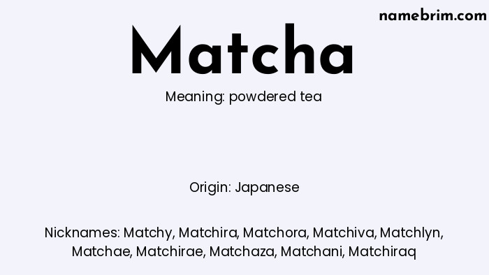 Matcha, a name of Japanese origin, means 'powdered tea.' A common nickname for Matcha is Matchy.