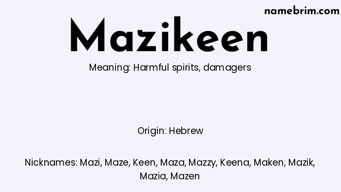 Infographic of Mazikeen name meaning, which is a name of Hebrew origin, Mazikeen means harmful spirits, and Mazi is a nickname for Mazikeen.