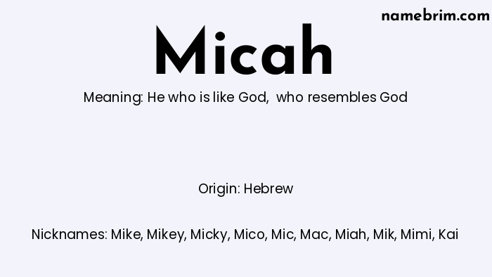 Infographic of Micah name meaning, which is a name of Hebrew origin, Micah means he who is like God, and Mike is a nickname for Micah.