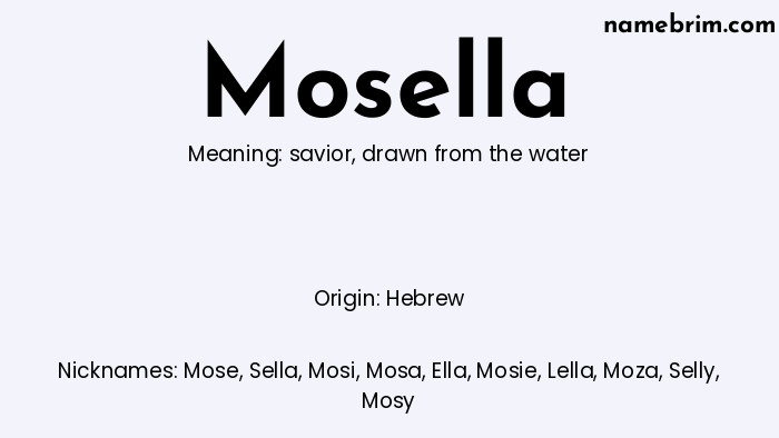 Mosella, a name of Hebrew origin, means 'drawn from the water.' A common nickname for Mosella is Mose.