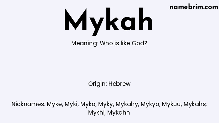 Infographic of Mykah name meaning, which is a name of Hebrew origin, Mykah means Who is like God?, and Myke is a nickname for Mykah.