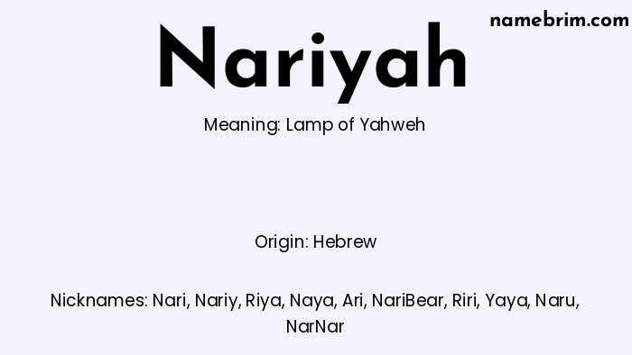 Infographic of Nariyah name meaning, which is a name of Hebrew origin, Nariyah means lamp of Yahweh, and Nari is a nickname for Nariyah.