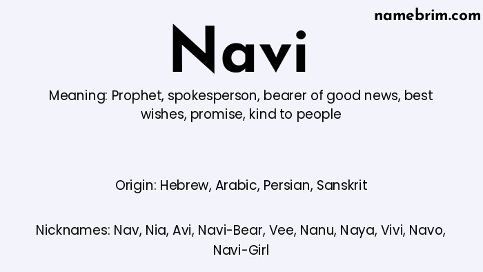 Infographic of Navi name meaning, which is a name of Hebrew origin, Navi means prophet, and Nav is a nickname for Navi.