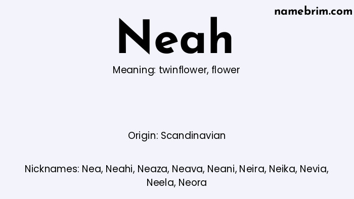 Neah, a name of Scandinavian origin, means 'flower.' A common nickname for Neah is Nea.