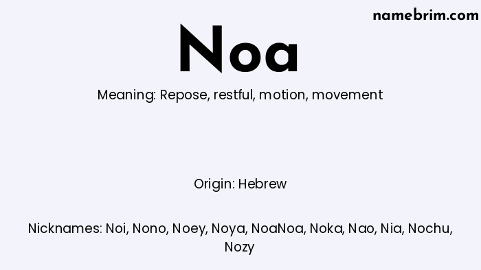 Infographic of Noa name meaning, which is a name of Hebrew origin, Noa means repose, and Noi is a nickname for Noa.