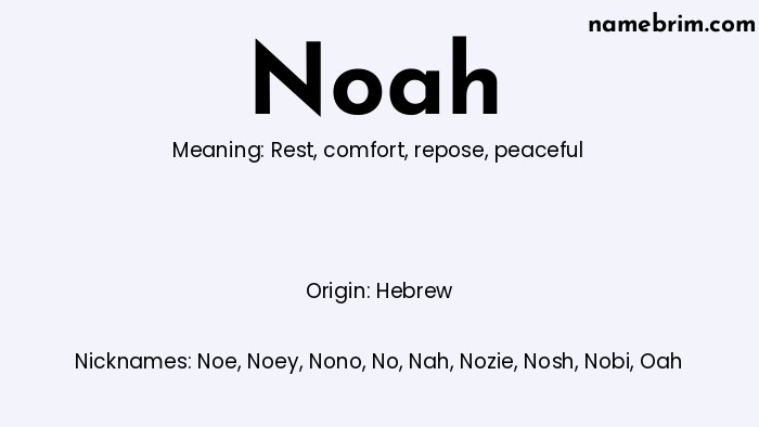 Infographic of Noah name meaning, which is a name of Hebrew origin, Noah means rest, and Noe is a nickname for Noah.