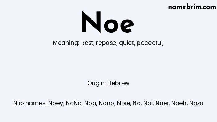 Infographic of Noe name meaning, which is a name of Hebrew origin, Noe means rest, and Noey is a nickname for Noe.