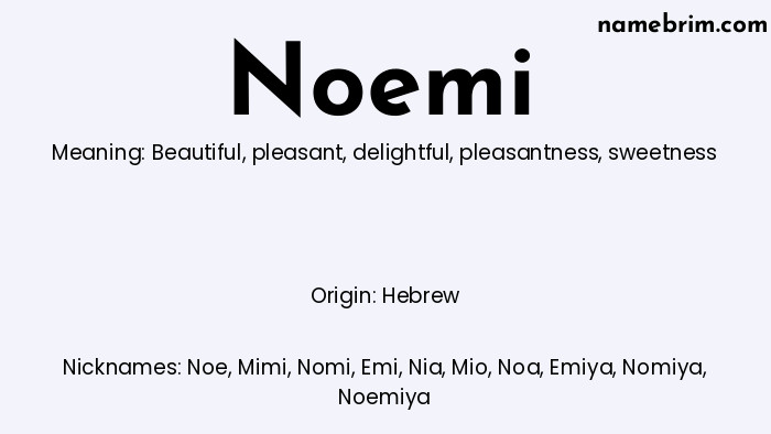 Infographic of Noemi name meaning, which is a name of Hebrew origin, Noemi means beautiful, and Noe is a nickname for Noemi.