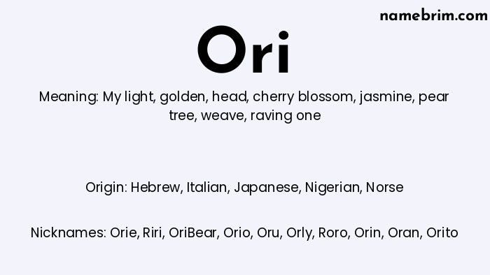 Infographic of Ori name meaning, which is a name of Hebrew origin, Ori means my light, and Orie is a nickname for Ori.