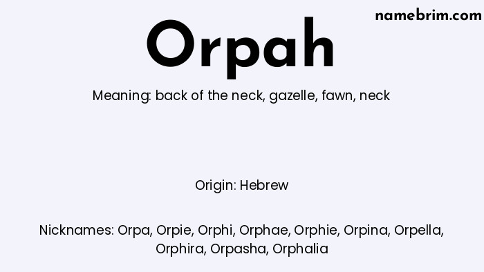 Infographic of Orpah name meaning, which is a name of Hebrew origin, Orpah means neck, and Orpa is a nickname for Orpah.