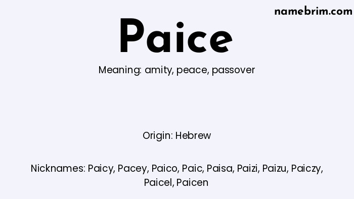 Infographic of Paice name meaning, which is a name of Hebrew origin, Paice means passover, and Paicy is a nickname for Paice.