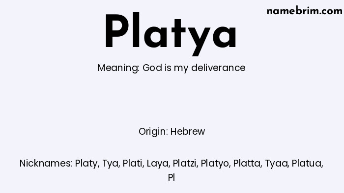 Infographic of Platya name meaning, which is a name of Hebrew origin, Platya means God is my deliverance, and Platy is a nickname for Platya.