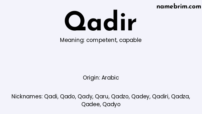 Qadir, a name of Arabic origin, means 'capable.' A common nickname for Qadir is Qadi.