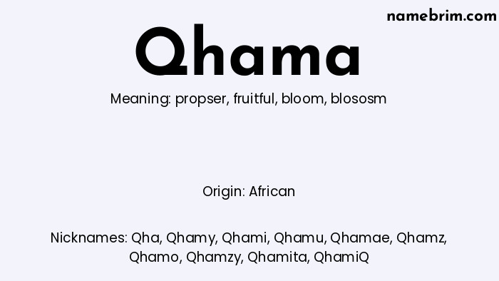 Qhama, a name of Arabic origin, means 'blososm.' A common nickname for Qhama is Qha.