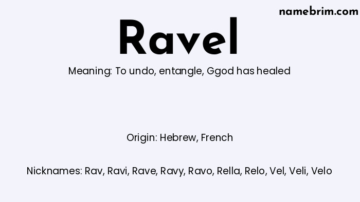 Infographic of Ravel name meaning, which is a name of Hebrew origin, Ravel means to undo, and Rav is a nickname for Ravel.