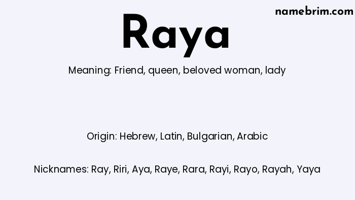 Infographic of Raya name meaning, which is a name of Hebrew origin, Raya means friend, and Ray is a nickname for Raya.